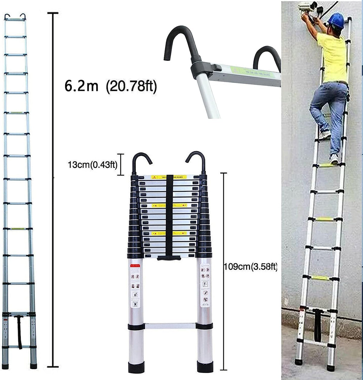 20FT Aluminum Telescoping Ladder with 2 Detachable Hooks, 330 lb Capacity L40048