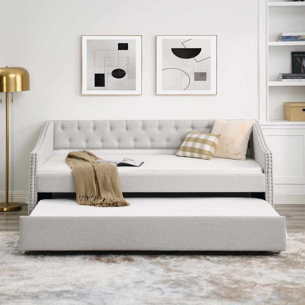Velvet Upholstered Twin Size Daybed with Trundle E5085