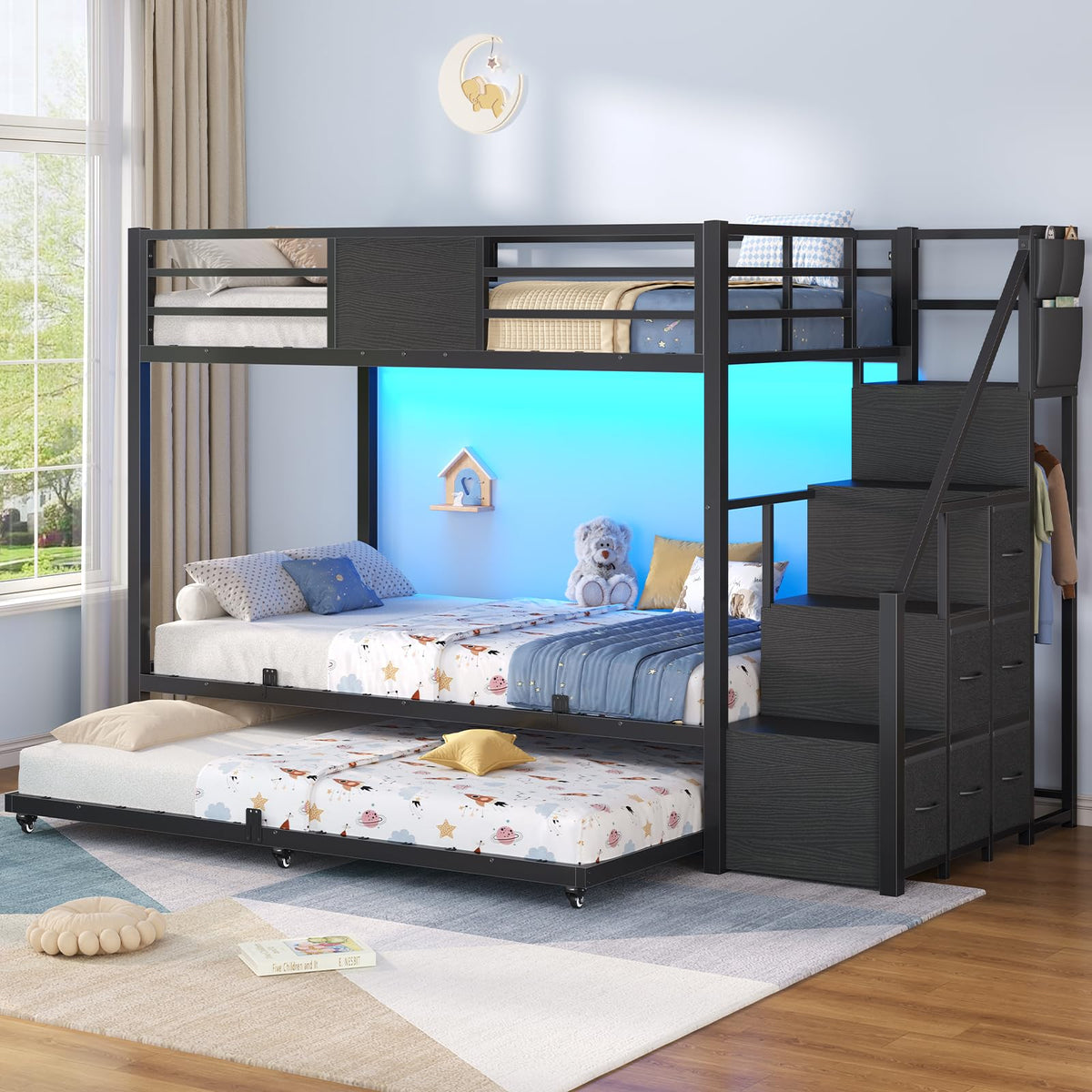 Twin Over Twin Bunk Bed with Trundle, Stairs, 6 Drawers, LED Lights R502591