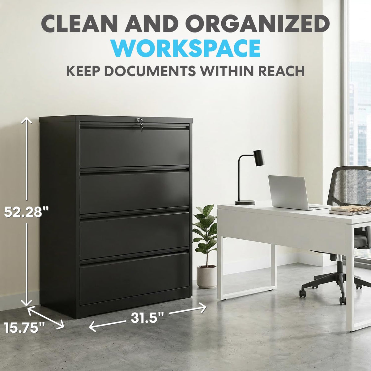 4 Drawer Black Metal File Cabinet with Lock L52814