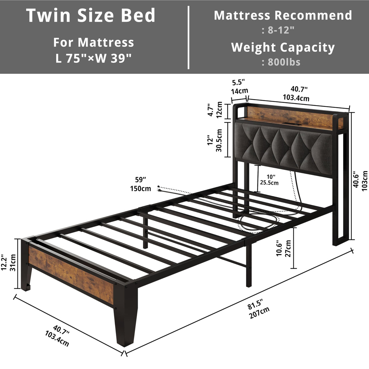 Twin Bed Frame with Storage Headboard E8490