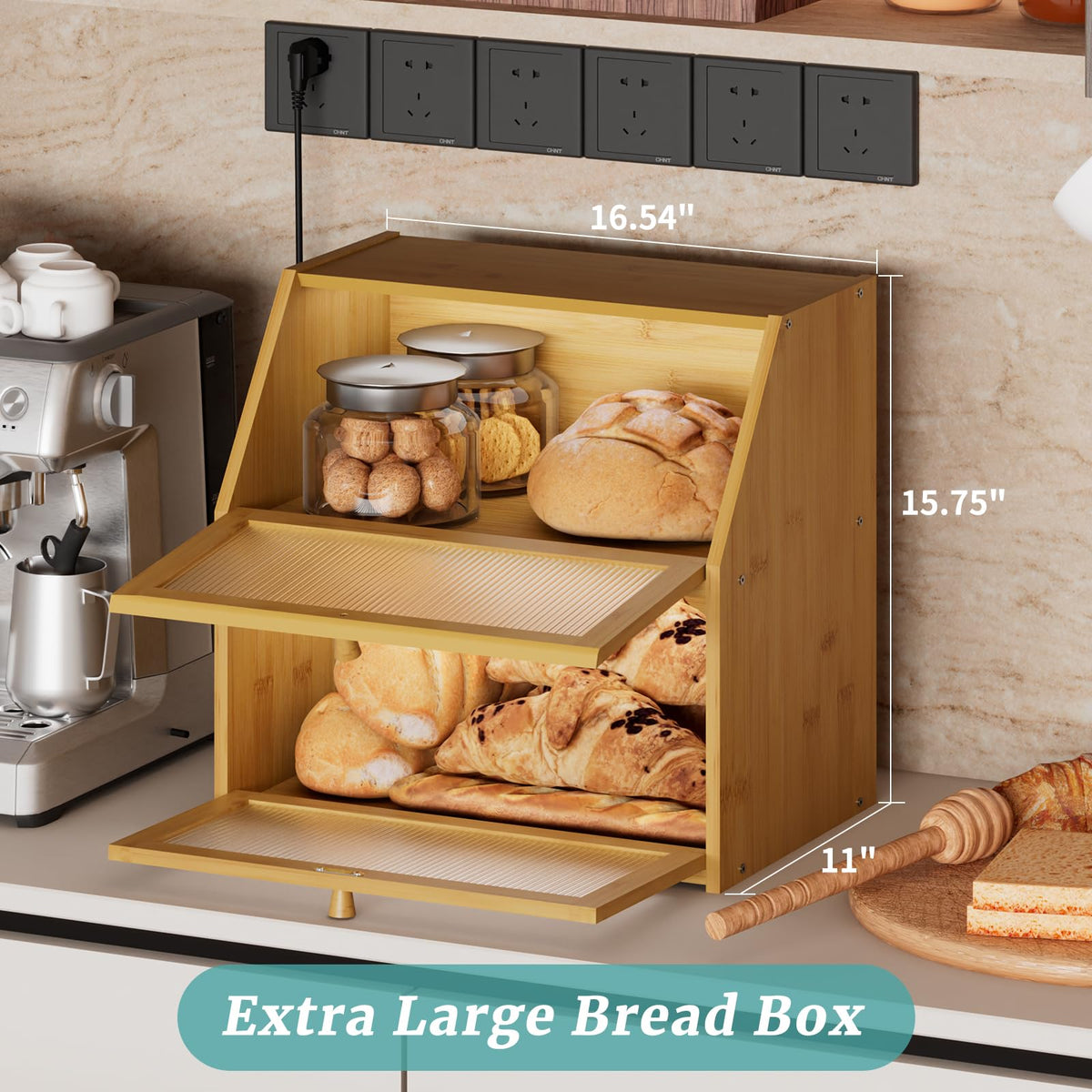 Extra Large Bamboo Wood Double Layer Bread Box Y676301