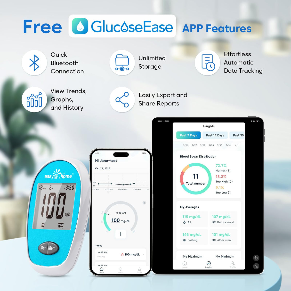 Wireless Glucose Monitor Kit, 100-Strip Blood Sugar Testing Kit S273881
