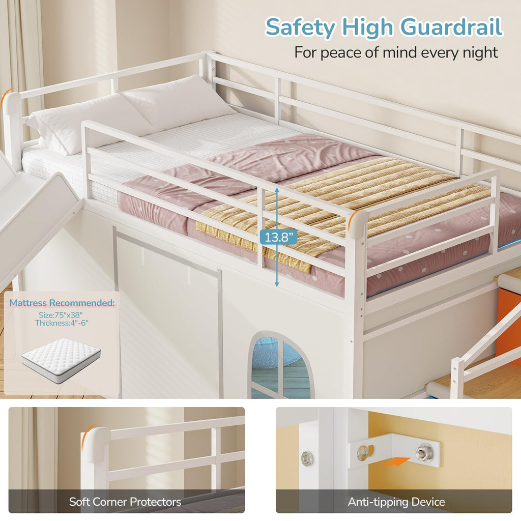 White Twin Low Loft Bed with Slide Staircase Storage Drawers Desk F859309