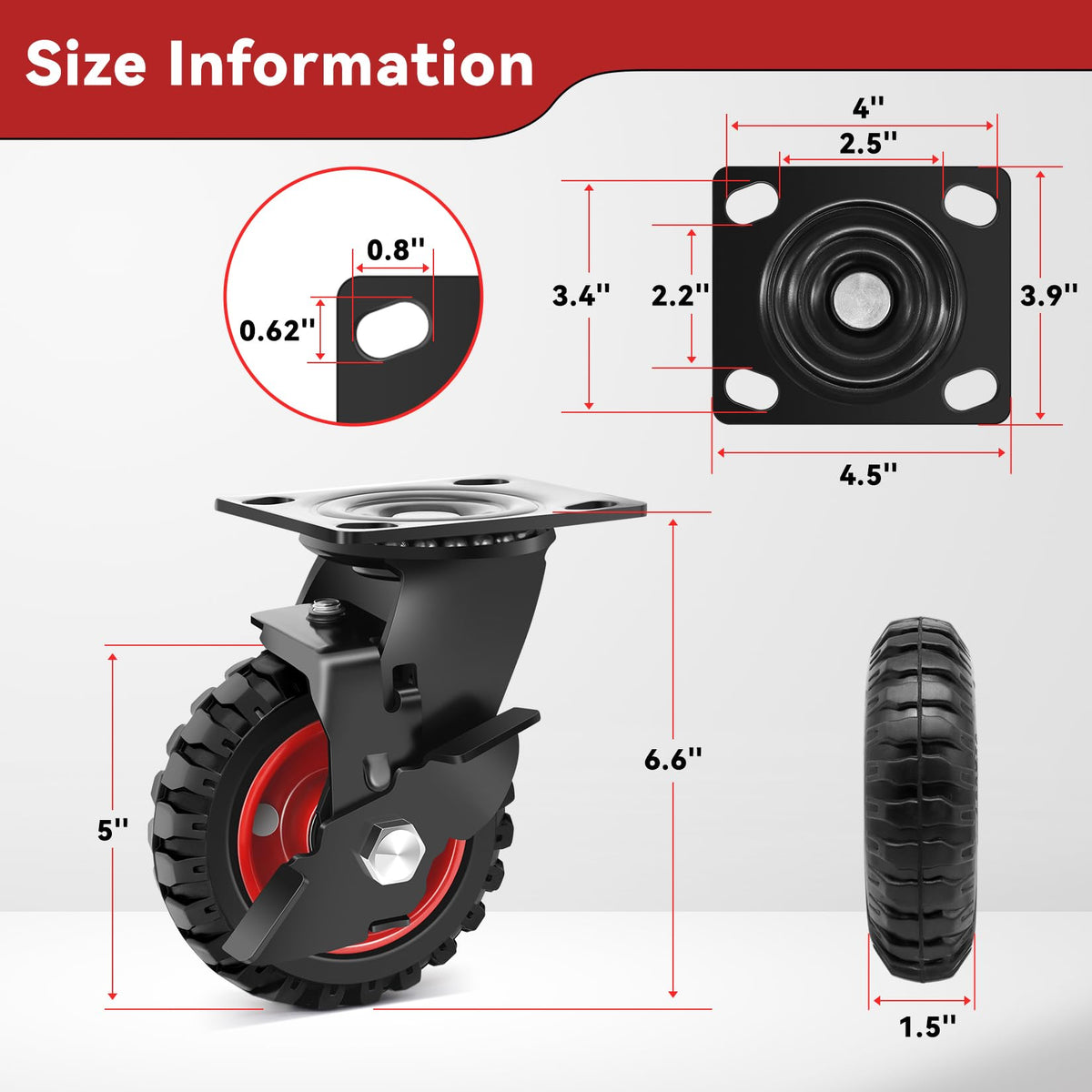5 Inch Heavy Duty Solid Rubber Casters Set of 4 with Knobby Tread U2467