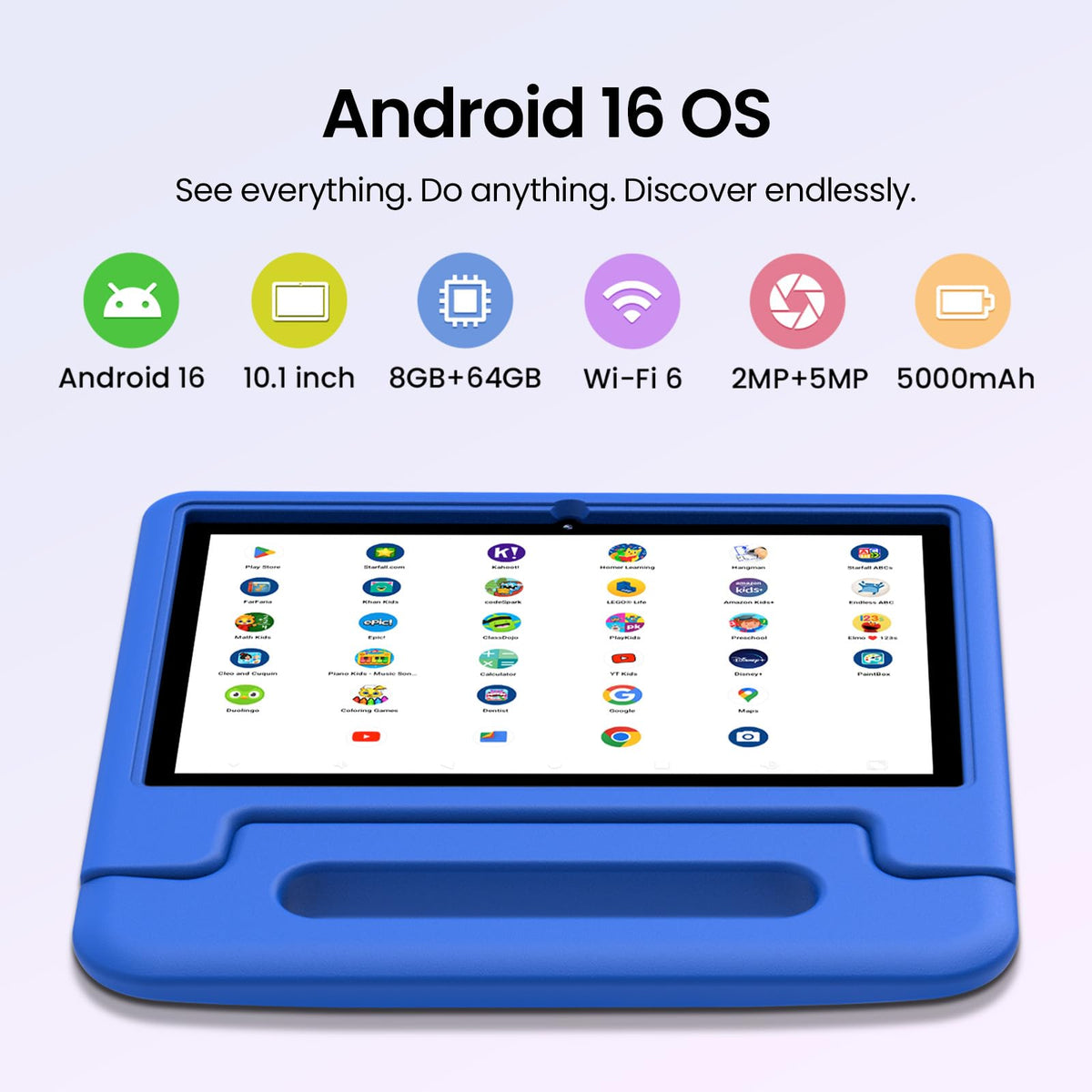 Android 16 Kids Tablet 10 Inch HD Display 8GB RAM 64GB ROM Blue C7699