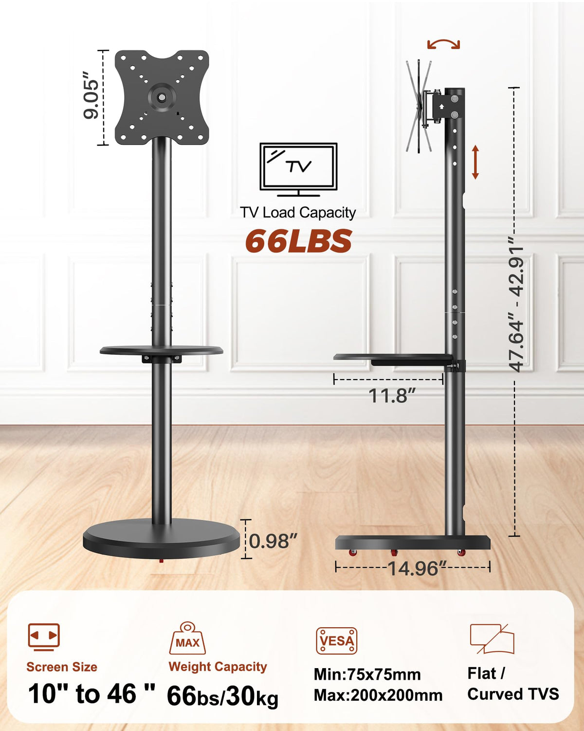 Rolling TV Stand with Shelf and Hidden Wheels G4913