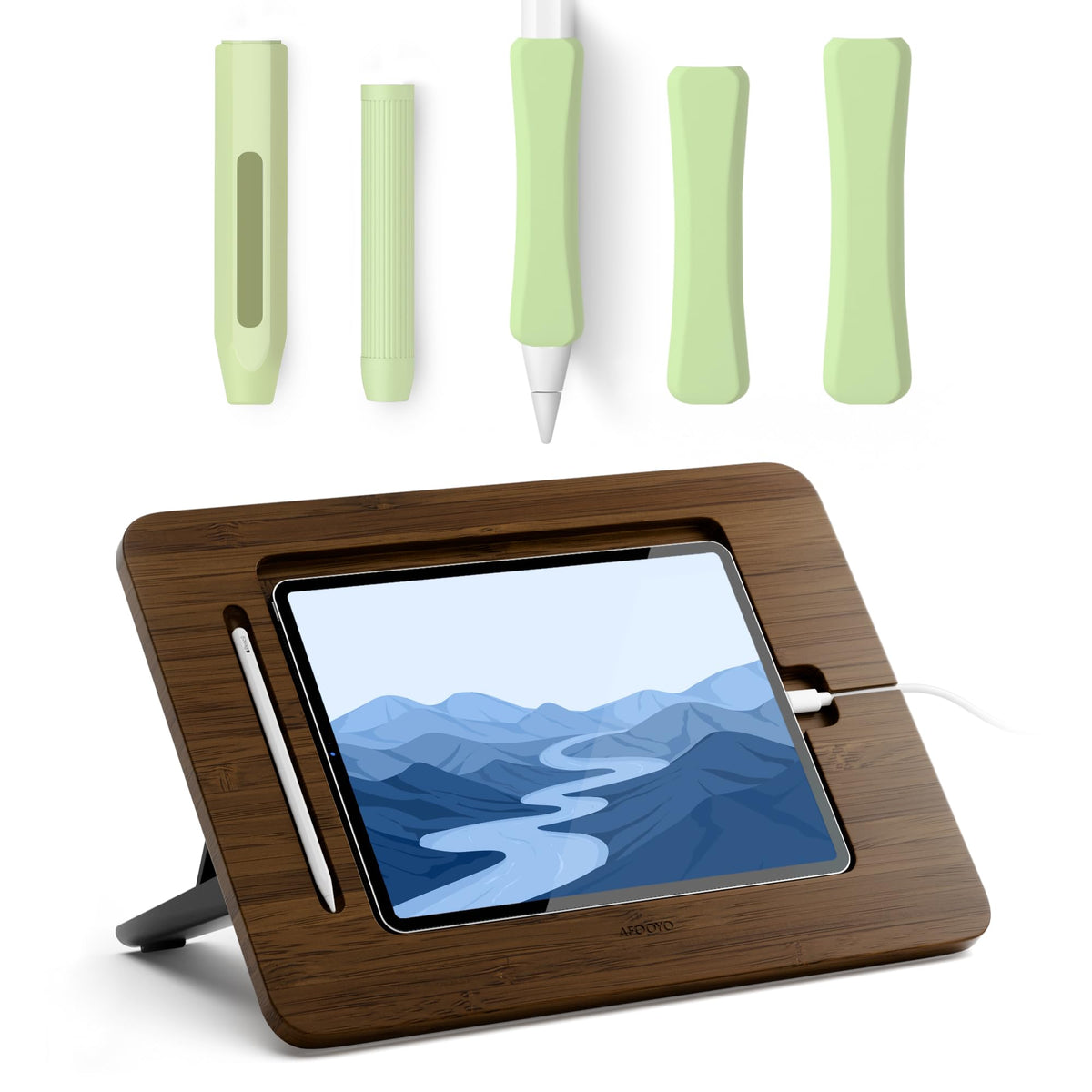 Bamboo Tablet Stand with 5 Pack Pencil Grips I164994