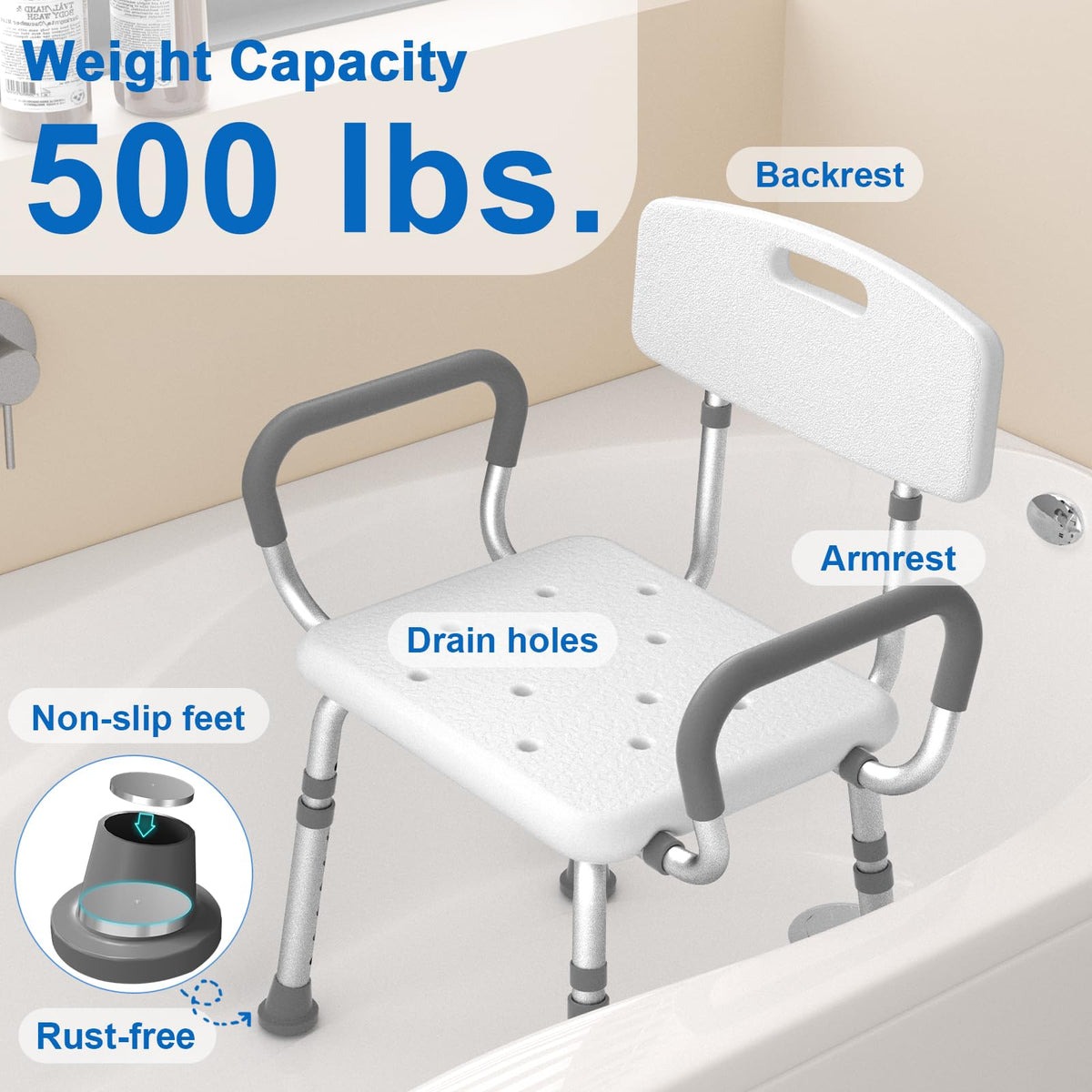 Heavy Duty Height Adjustable Shower Chair with Arms and Back X8425