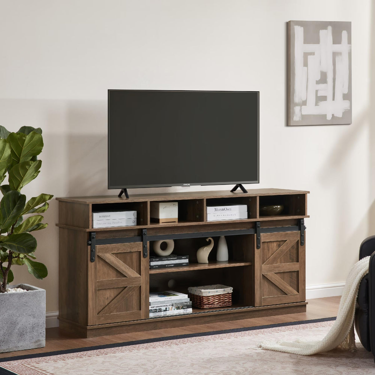 Farmhouse Wood TV Stand with Sliding Barn Doors F481