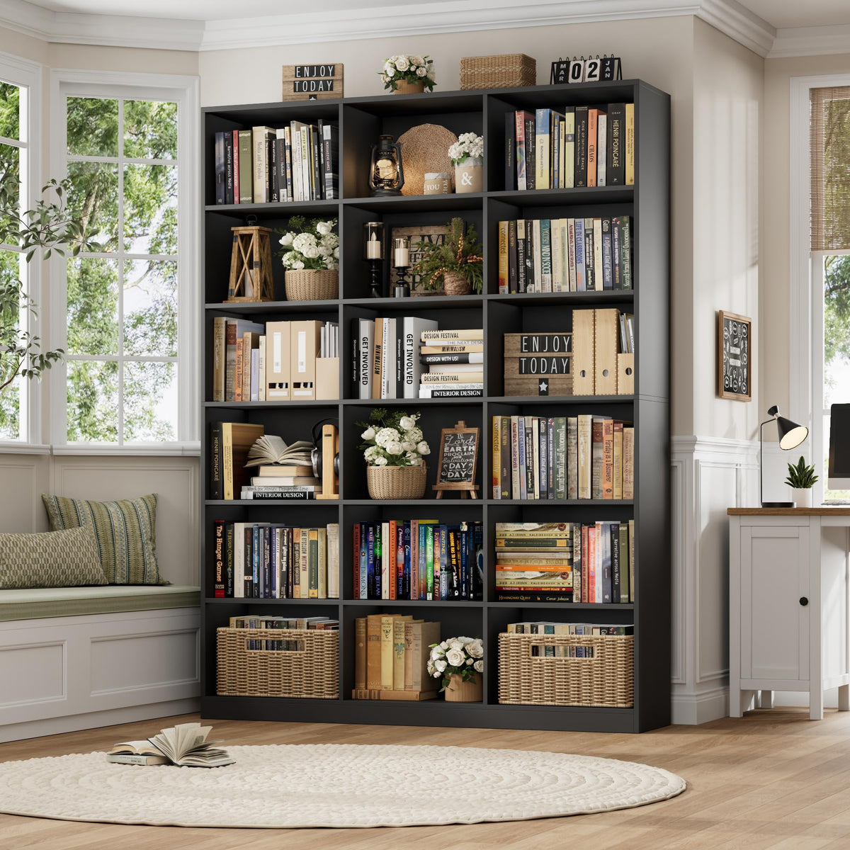 59" W Triple Wide Black Bookshelf and Bookcase D92837