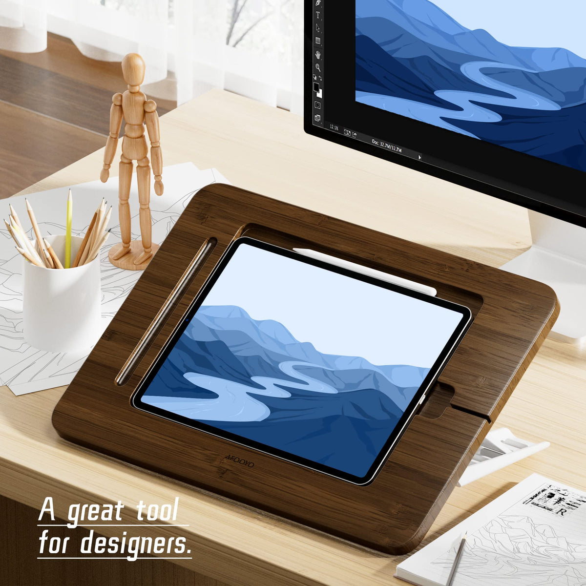 Bamboo Tablet Stand with 5 Pack Pencil Grips I164994