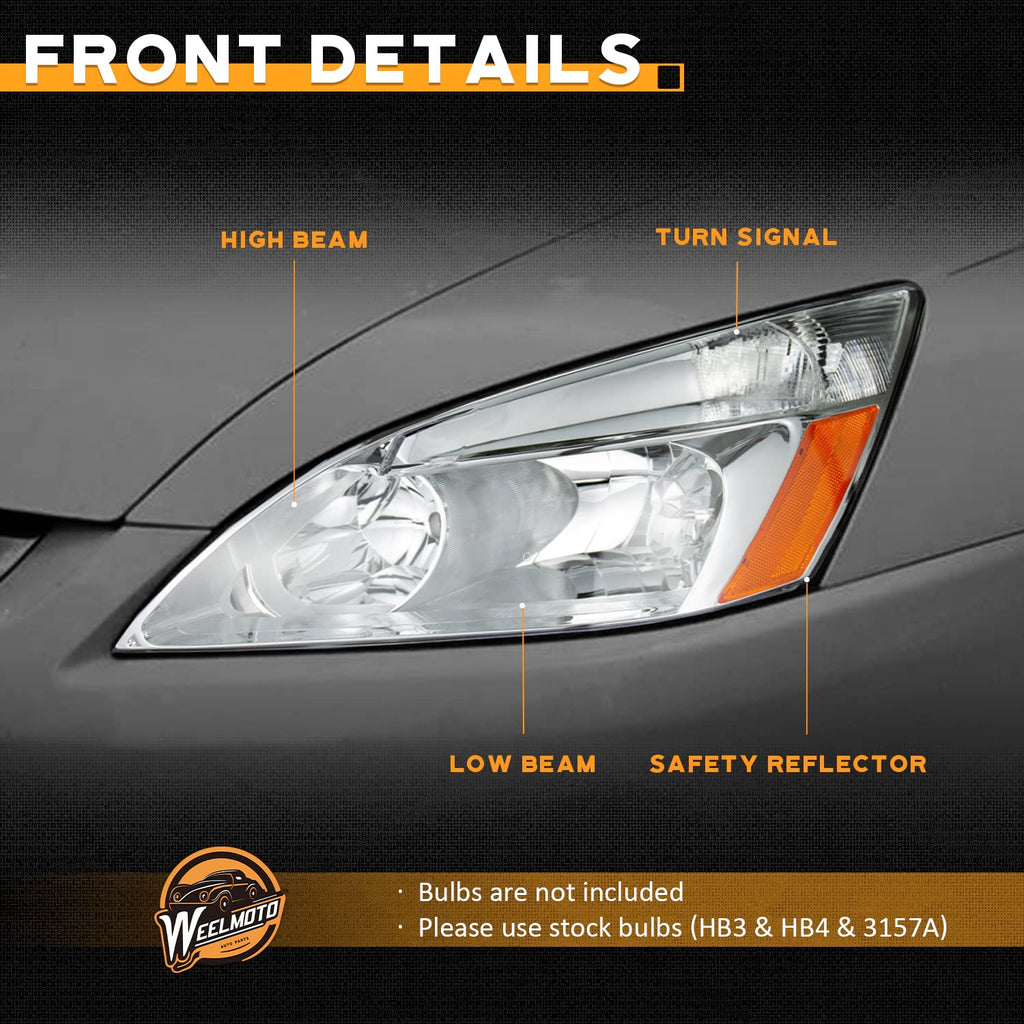 Headlights for 2003-2007 Honda Accord Chrome Housing Amber Reflector Left+Right C483