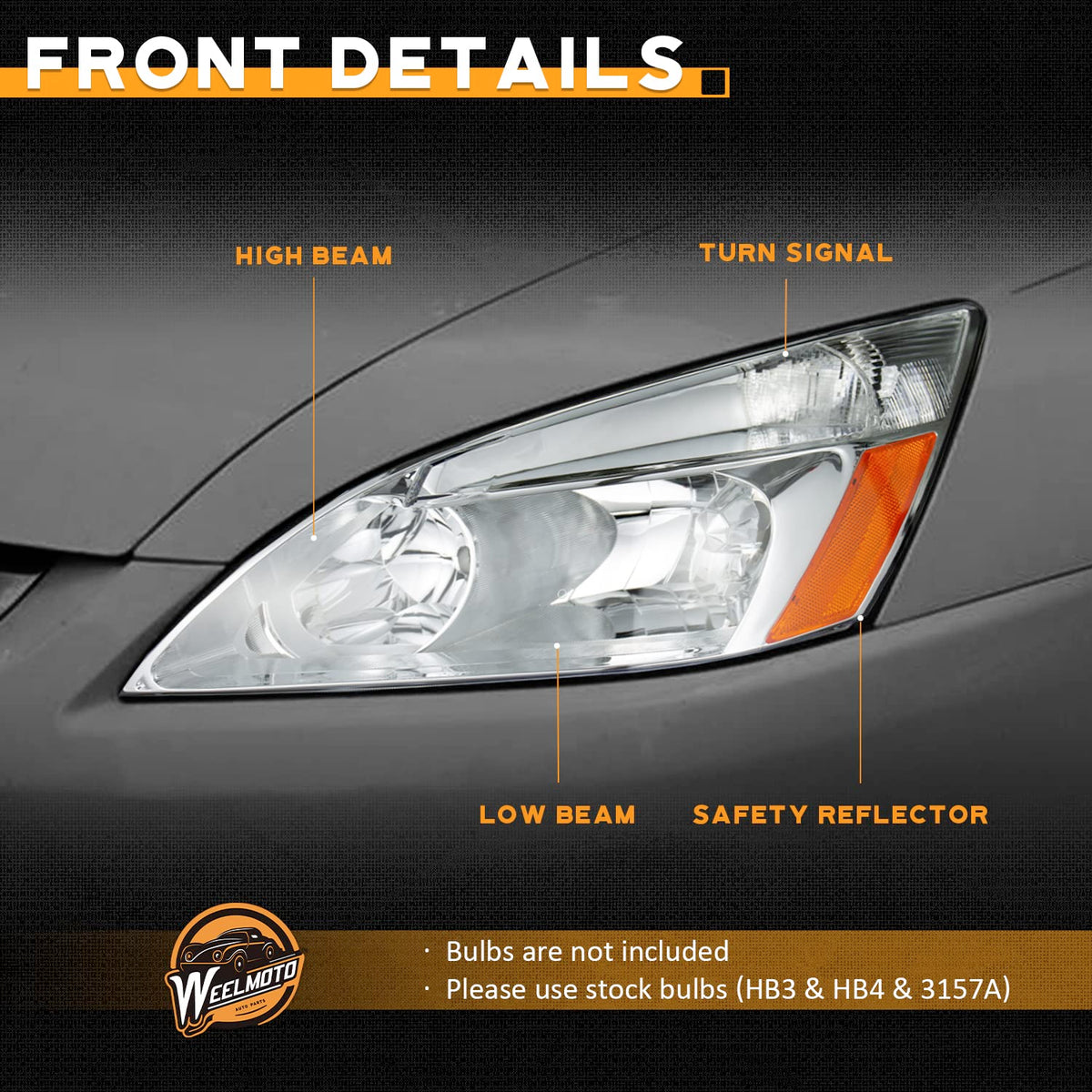 Headlights for 2003-2007 Honda Accord Chrome Housing Amber Reflector Left+Right C483