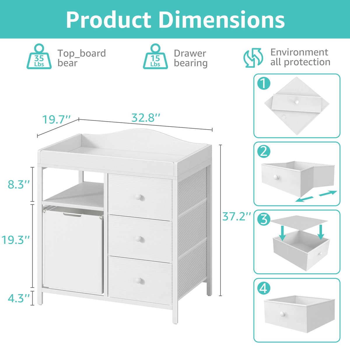 White Changing Table with 3 Fabric Drawers and Laundry Hamper L334282