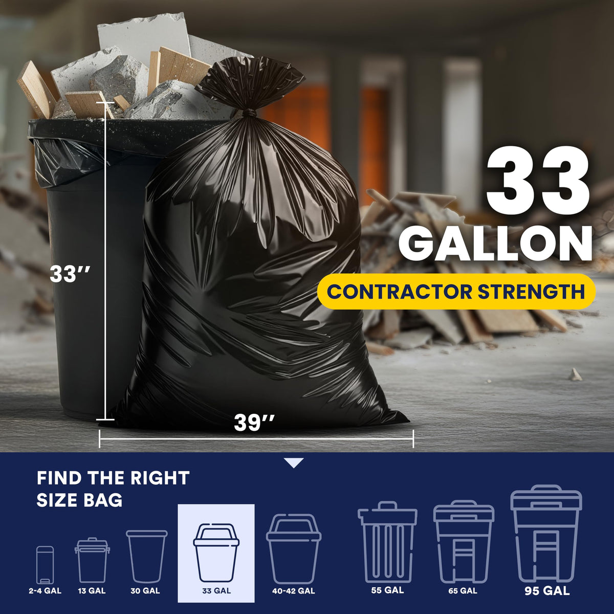 33 Gallon 3.0 Mil Black Heavy Duty Trash Bags 50 Count Q4361