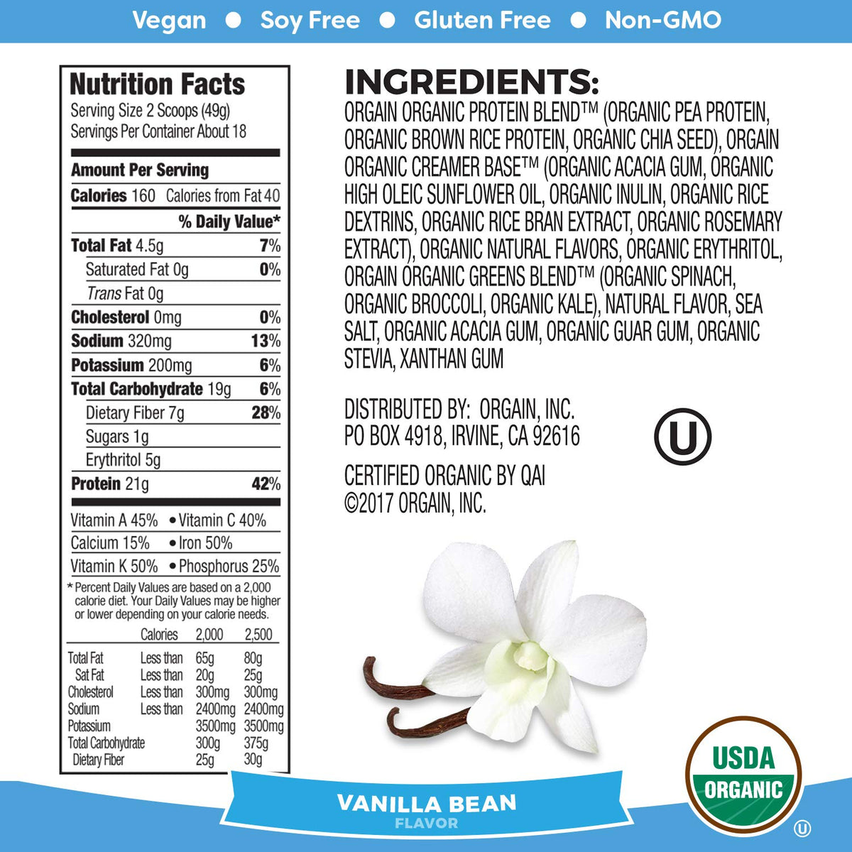 Organic Vegan Protein Powder + Greens, Vanilla Bean, 21g Plant Based Protein, 1.94lb O6150