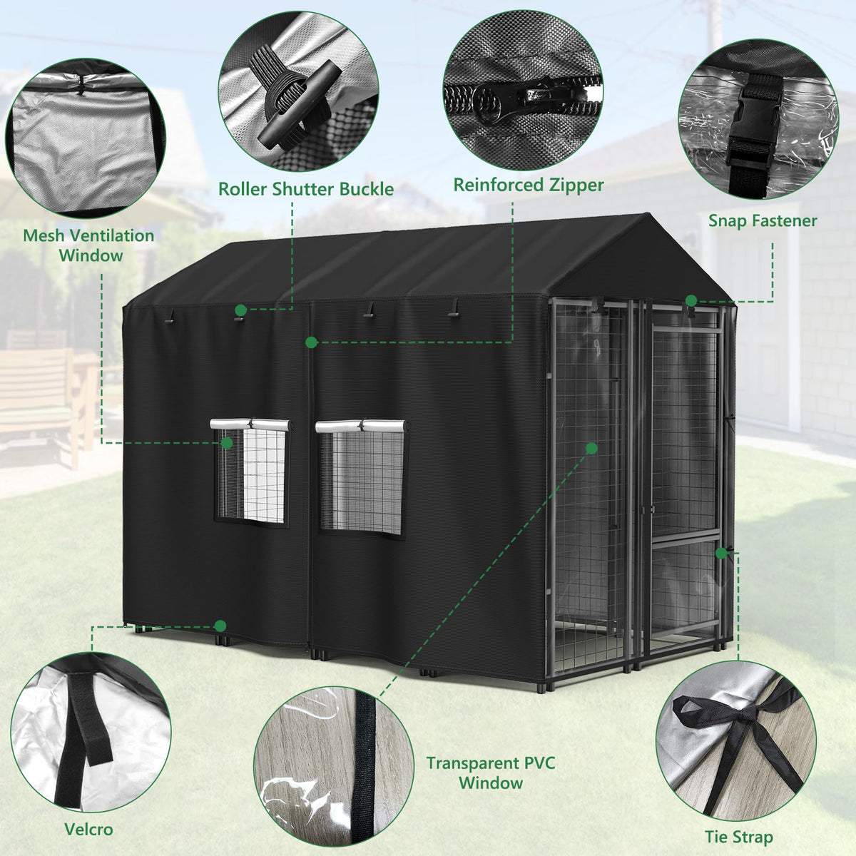 Black Full Coverage Dog Kennel Cover with PVC Window and Mesh X40255
