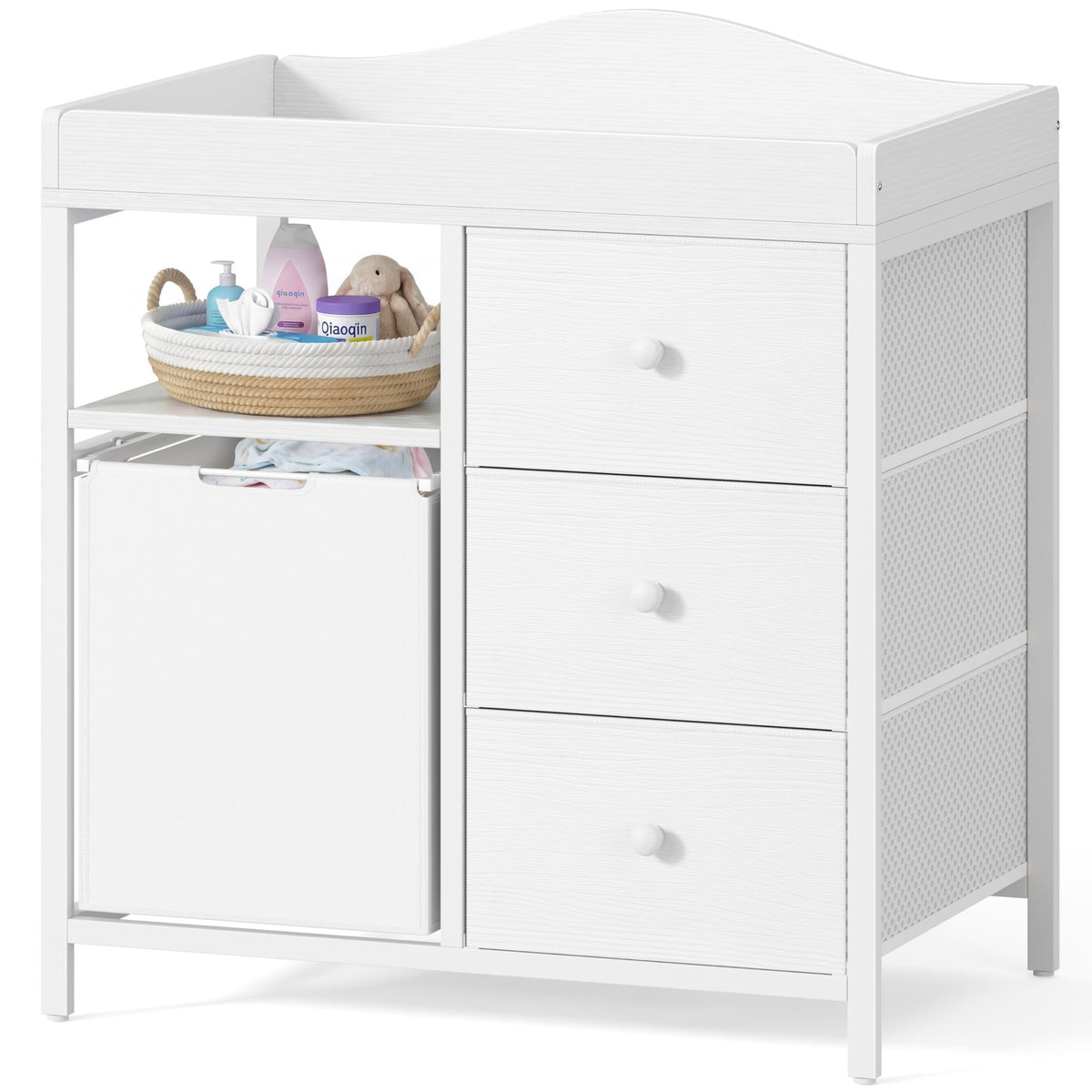 White Changing Table with 3 Fabric Drawers and Laundry Hamper L334282