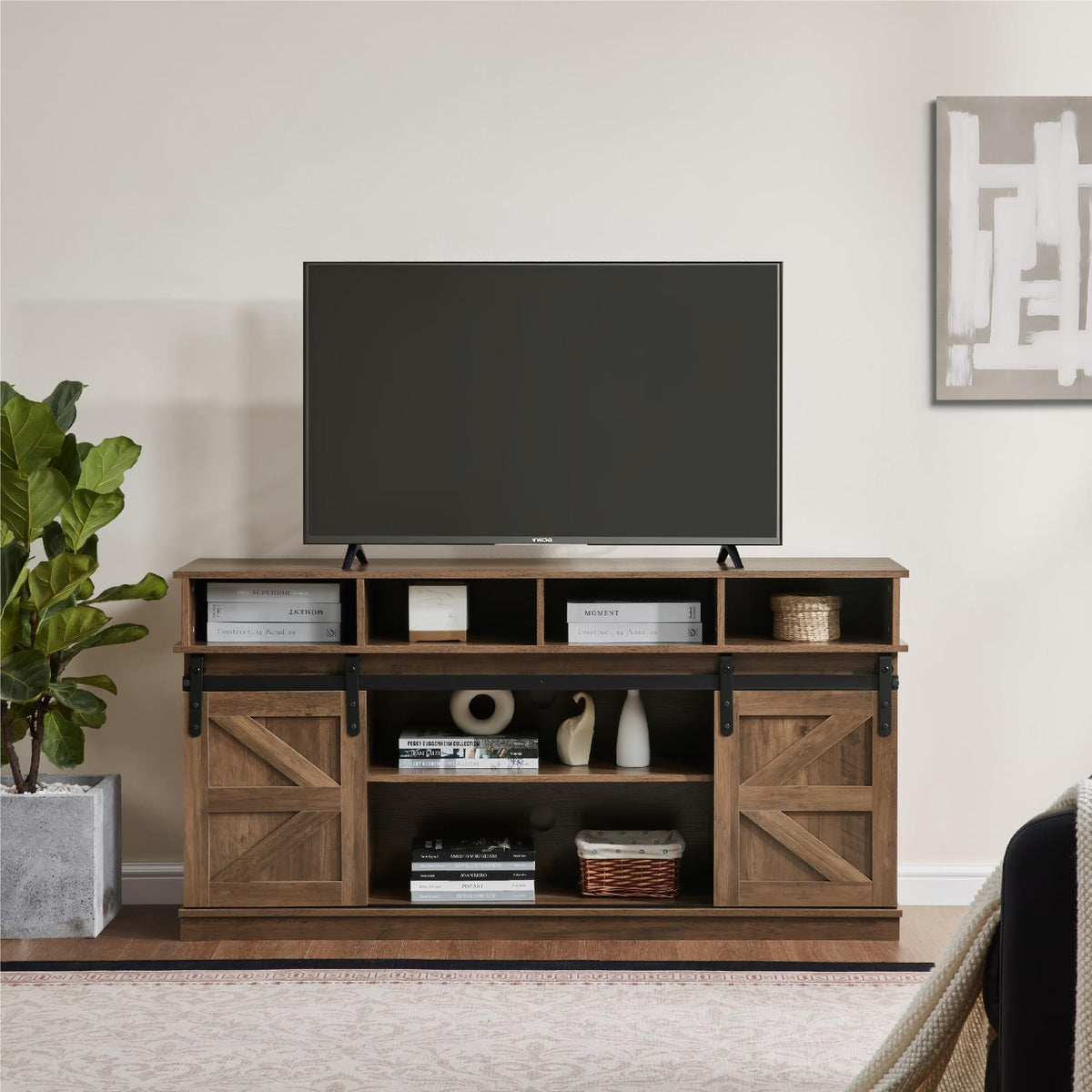 Farmhouse Wood TV Stand with Sliding Barn Doors F481