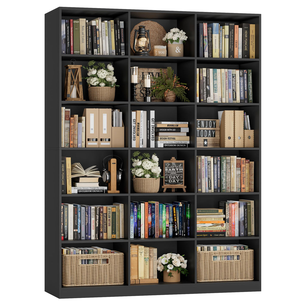 59" W Triple Wide Black Bookshelf and Bookcase D92837