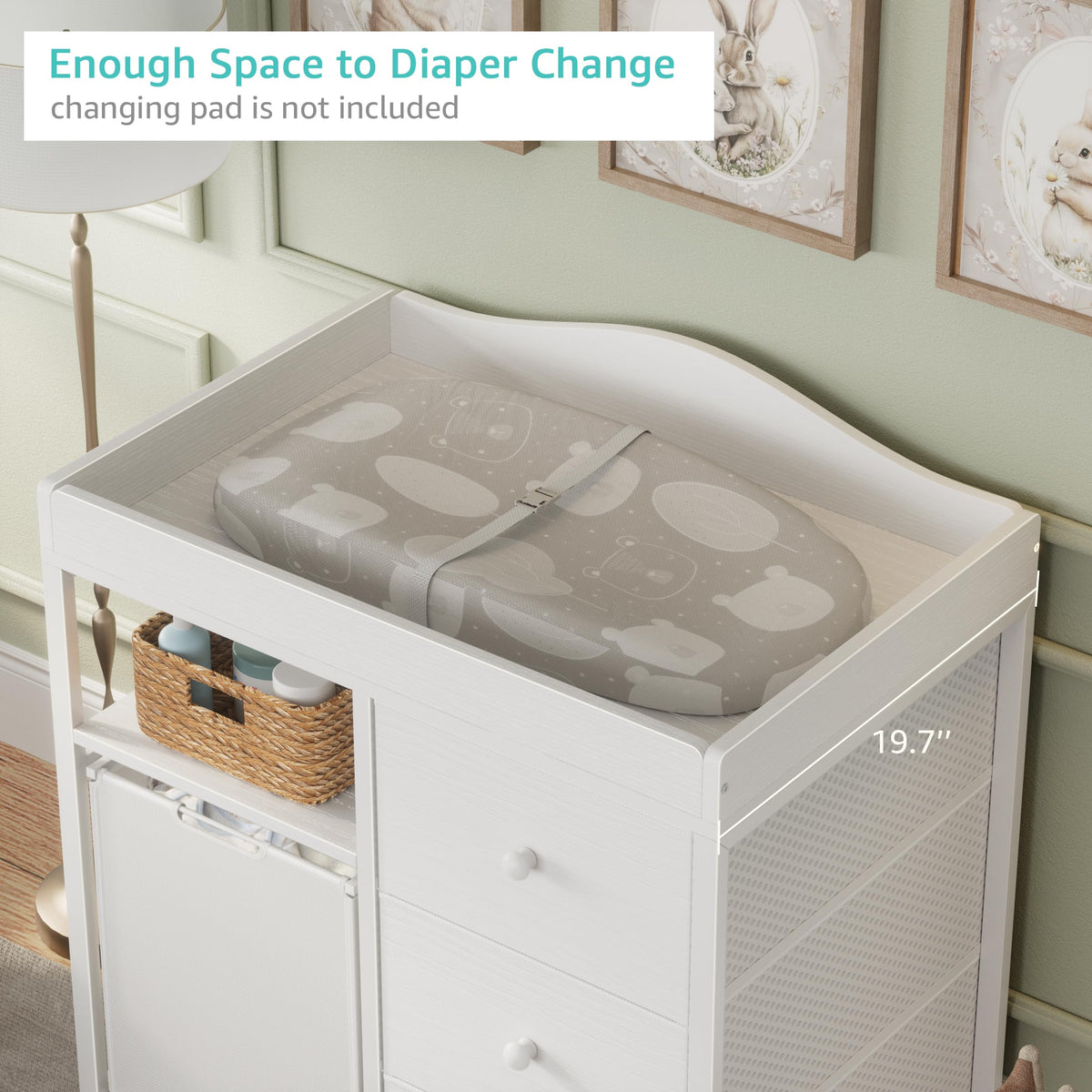 White Changing Table with 3 Fabric Drawers and Laundry Hamper L334282