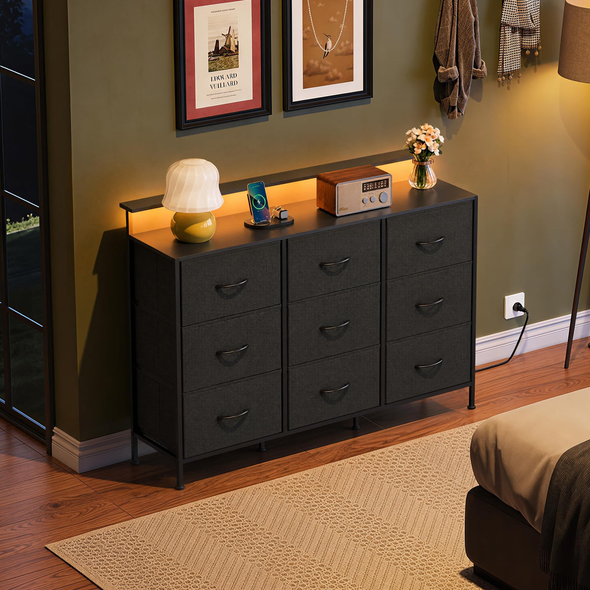 Black 9 Drawer Fabric Dresser V3882