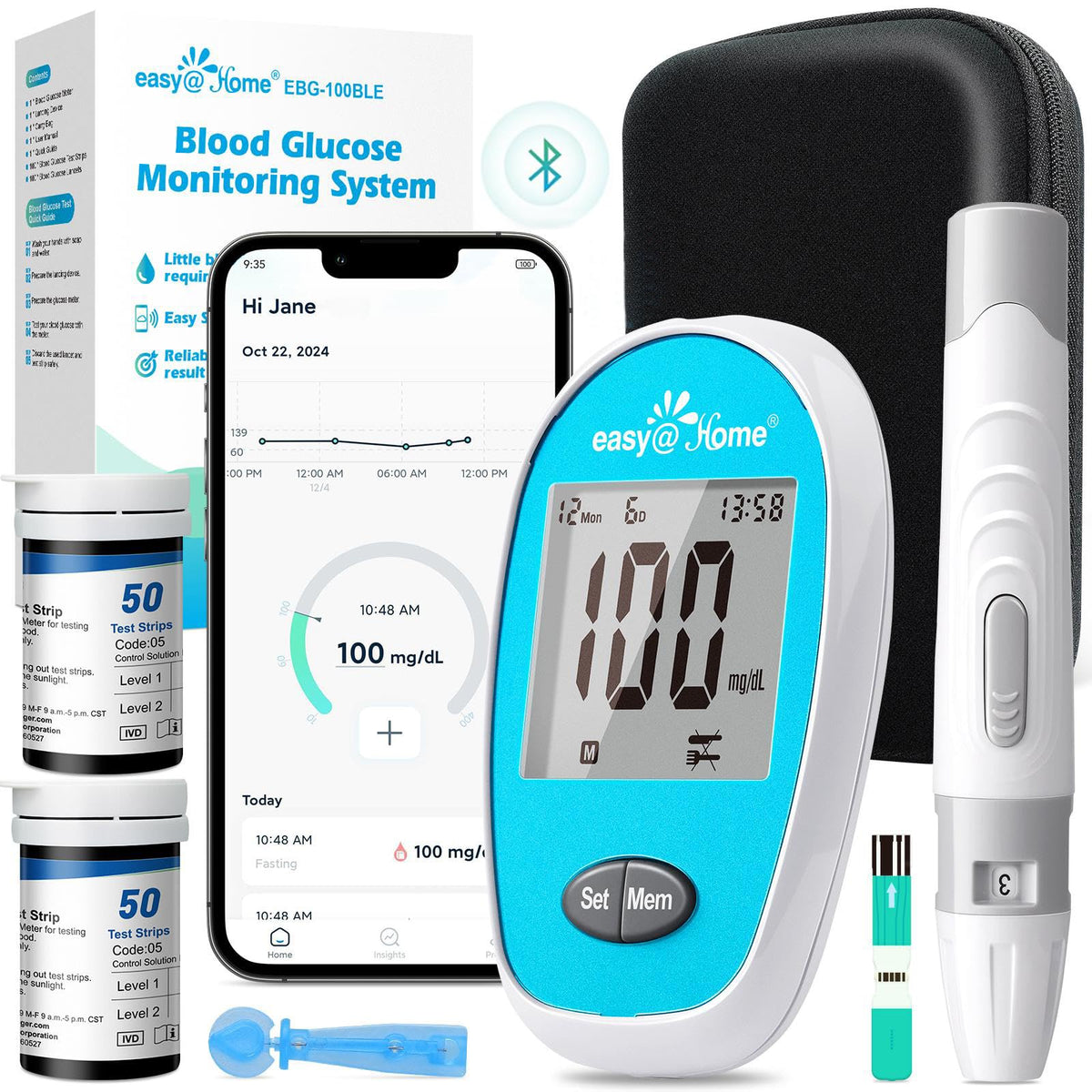 Wireless Glucose Monitor Kit, 100-Strip Blood Sugar Testing Kit S273881