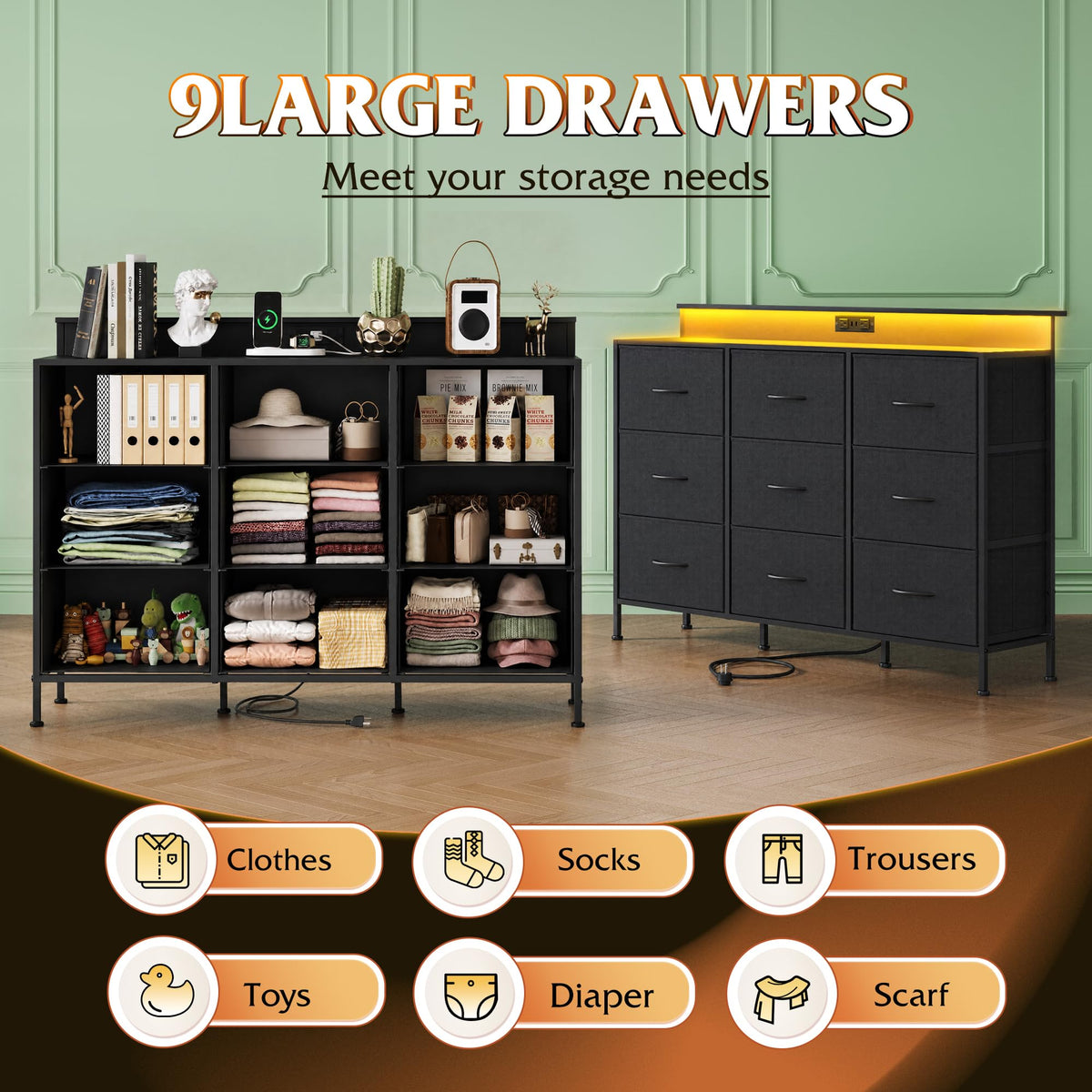 Black 9 Drawer Fabric Dresser V3882