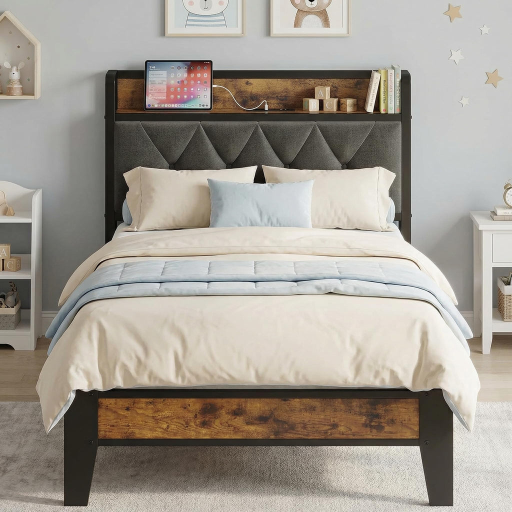 Twin Bed Frame with Storage Headboard E8490