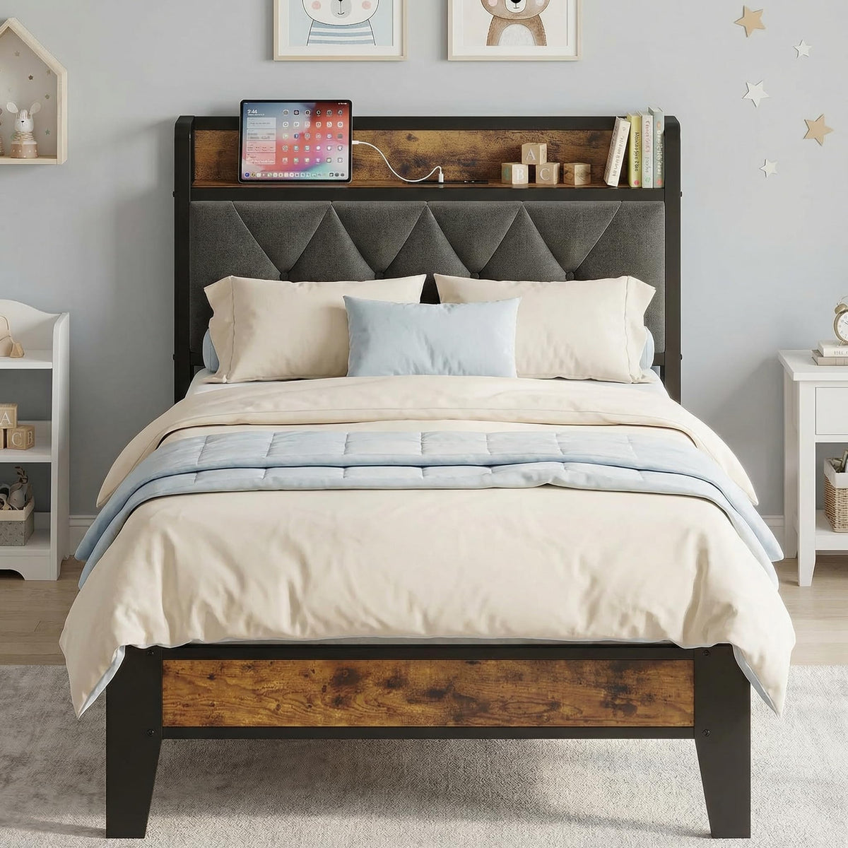 Twin Bed Frame with Storage Headboard E8490
