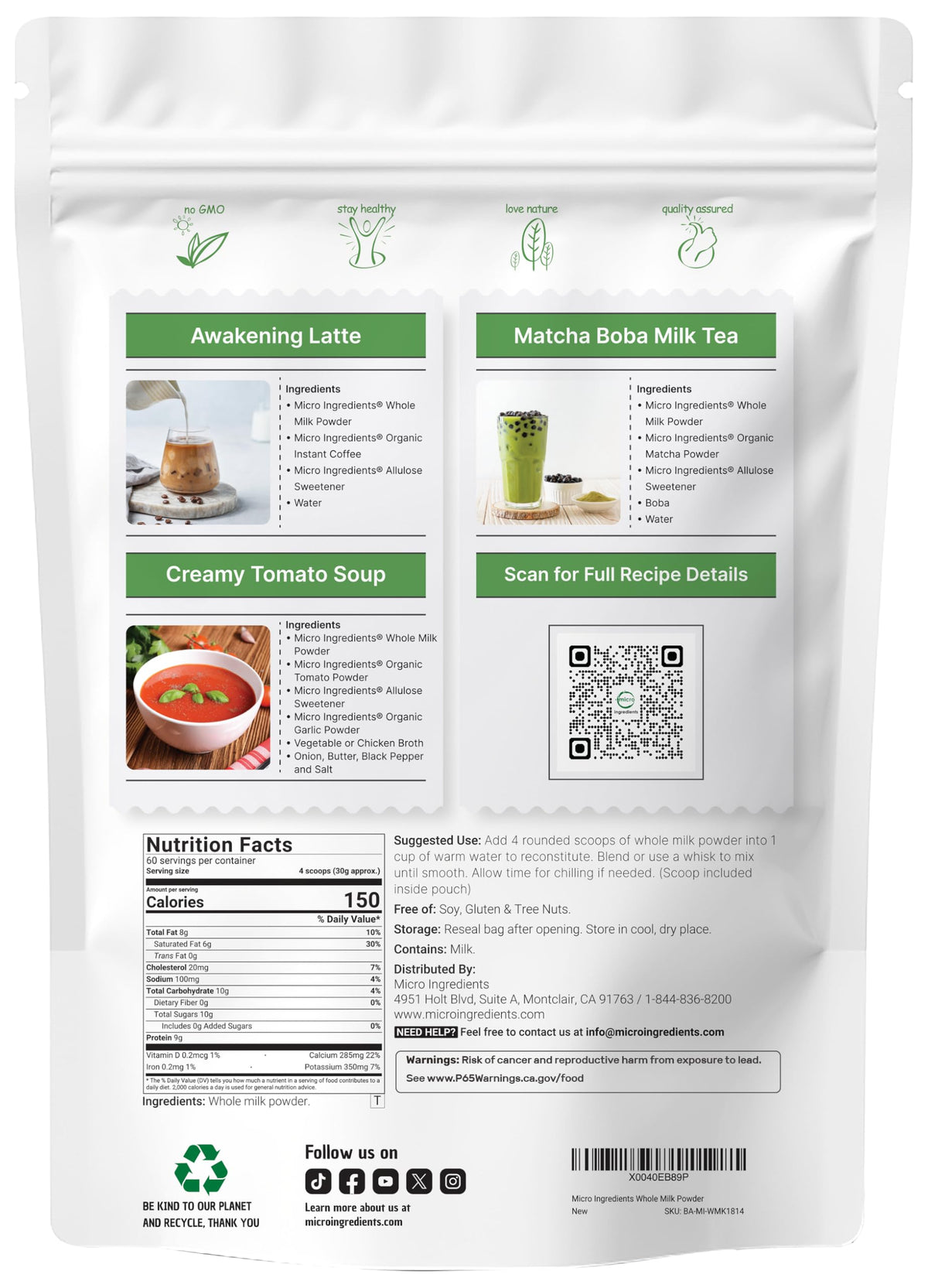 Whole Milk Powder 4 lb Pasture-Raised rBST-Free Non-GMO Gluten-Free F8150