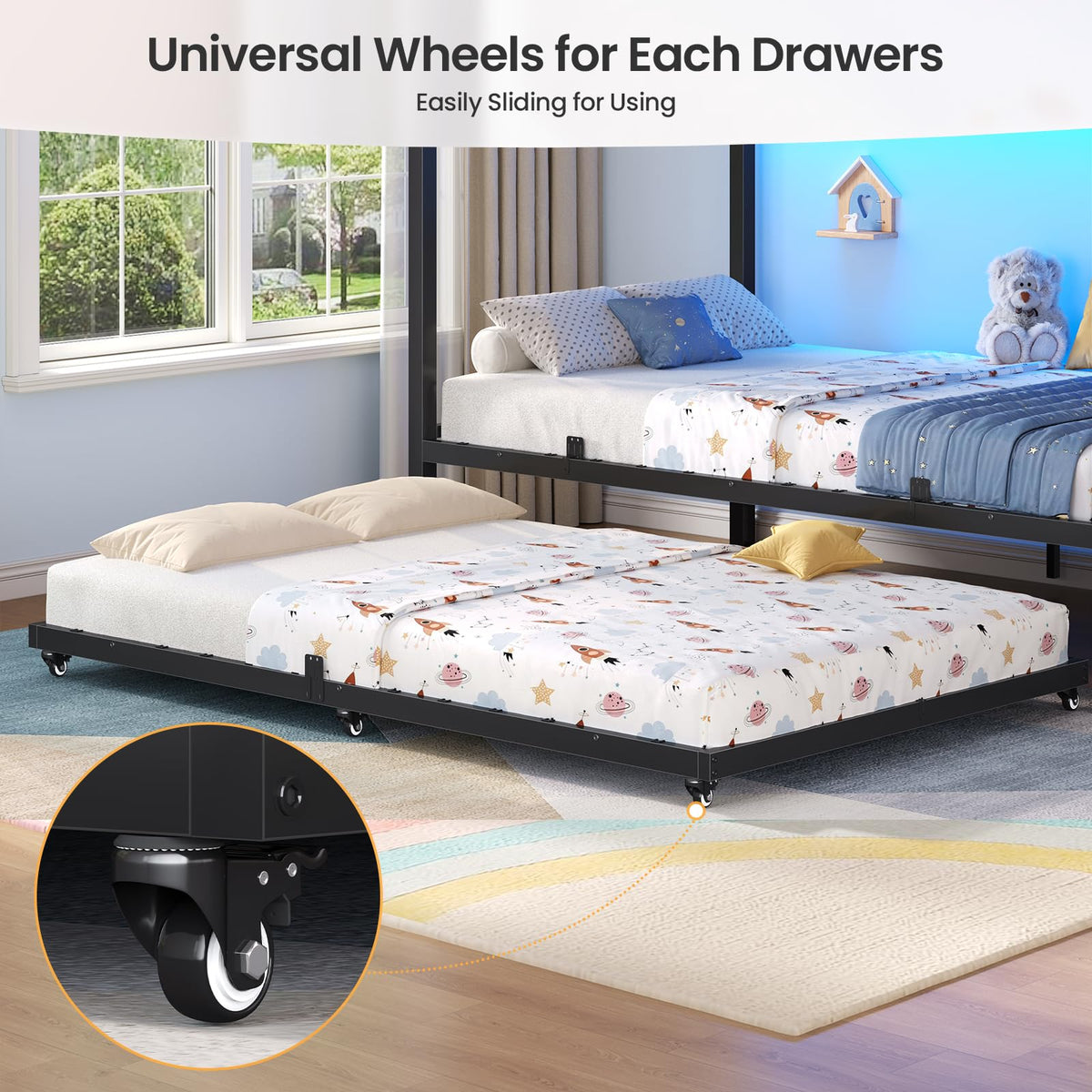 Twin Over Twin Bunk Bed with Trundle, Stairs, 6 Drawers, LED Lights R502591