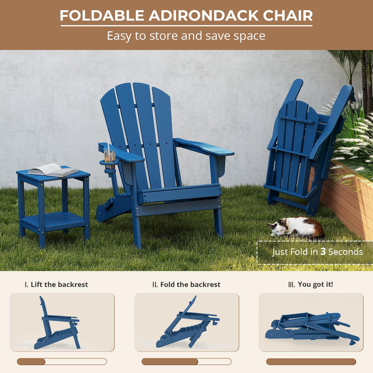 Folding Adirondack Chairs Set of 4 Blue HDPE Plastic O58662