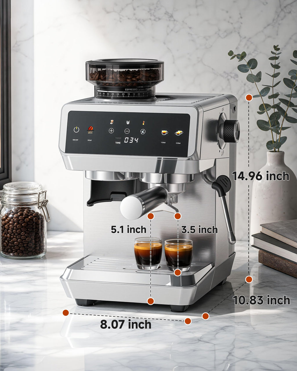 Espresso Machine With Grinder, Temp Control, 44 Grind Settings L4488