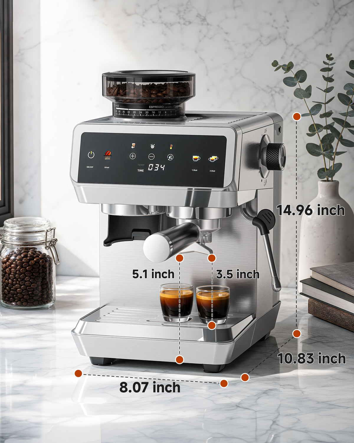 Espresso Machine With Grinder, Temp Control, 44 Grind Settings L4488