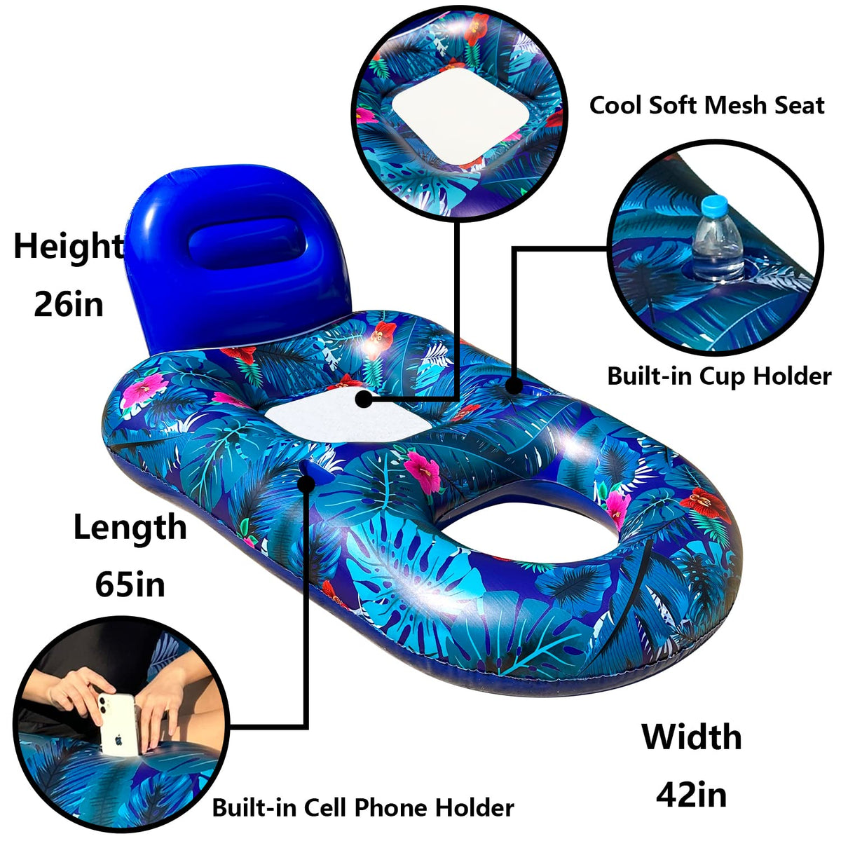 4 Pack Oversized Inflatable Pool Floats with Headrest and Cup Holder Y11934