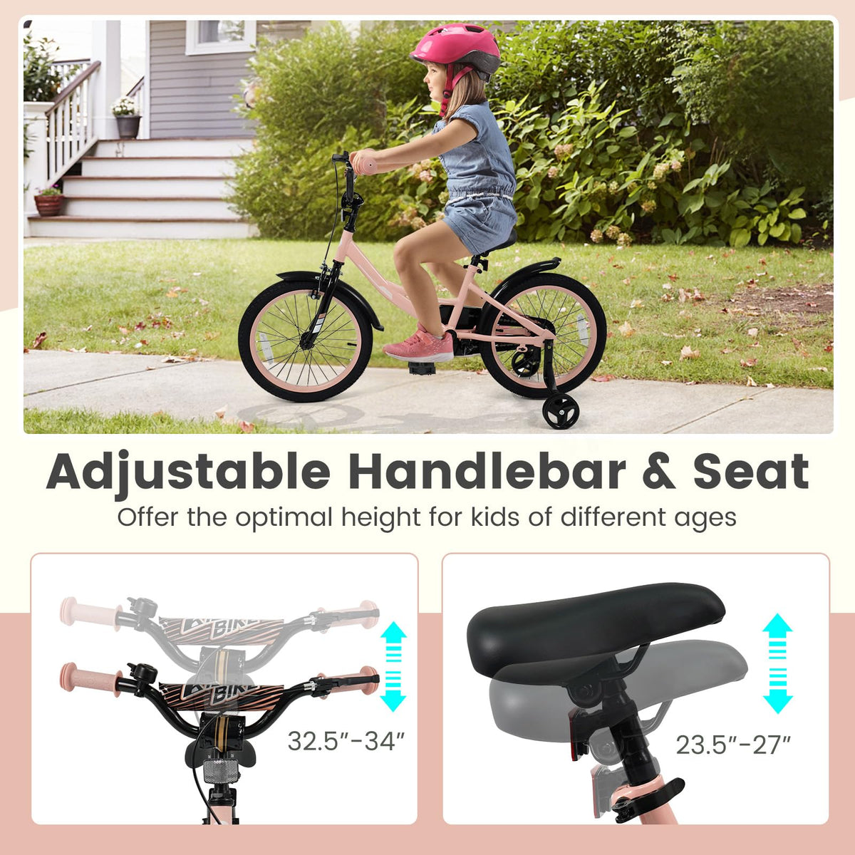 Kids Bike with Removable Training Wheels, Dual Brakes, Adjustable Seat & Handlebar U506717