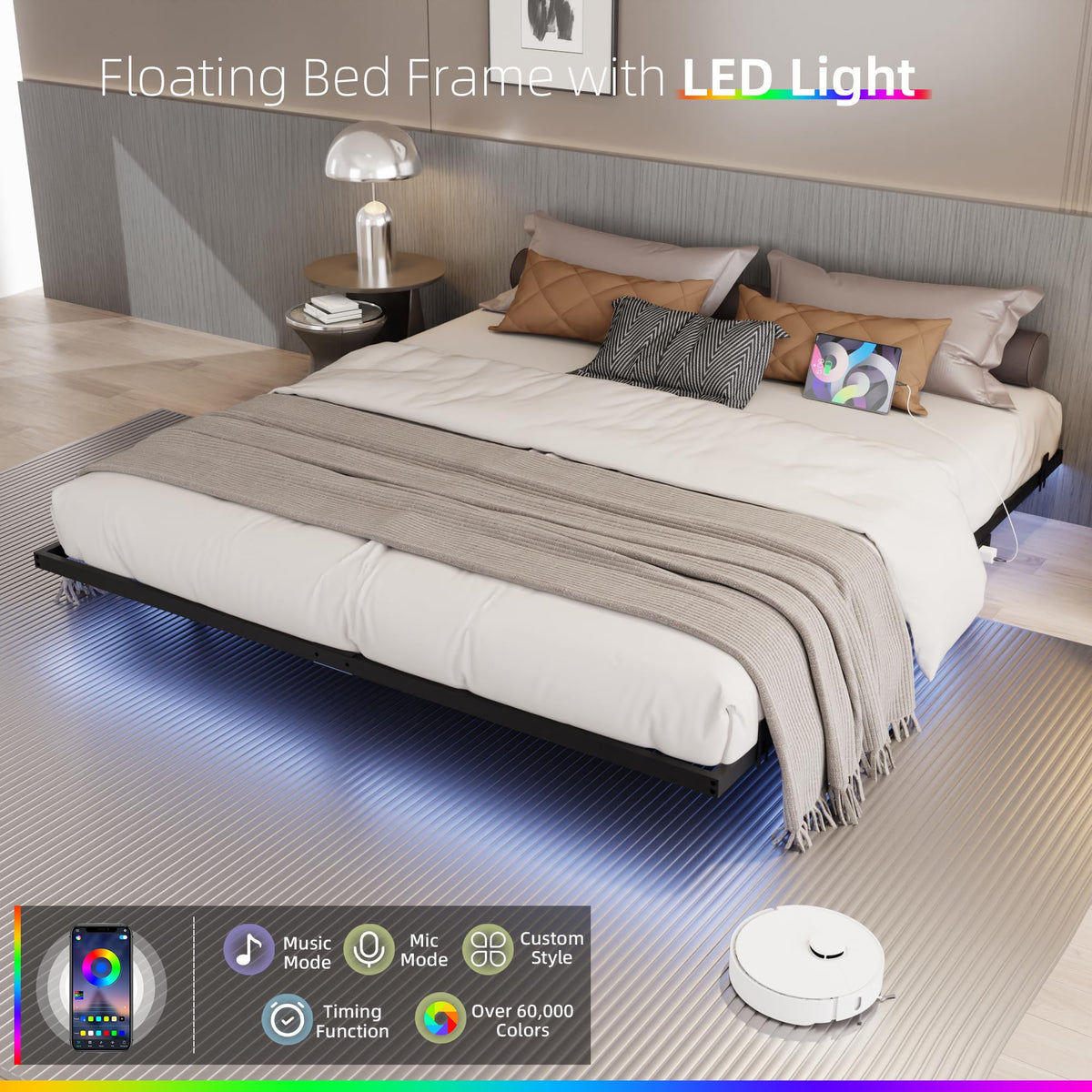 King Size Metal Platform Bed Frame with Charging Station and LED Lights D172