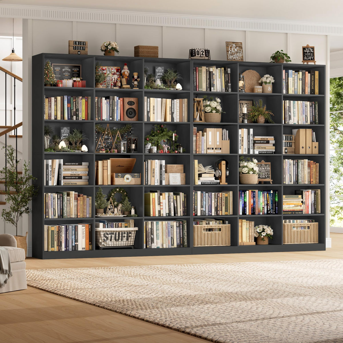 59" W Triple Wide Black Bookshelf and Bookcase D92837
