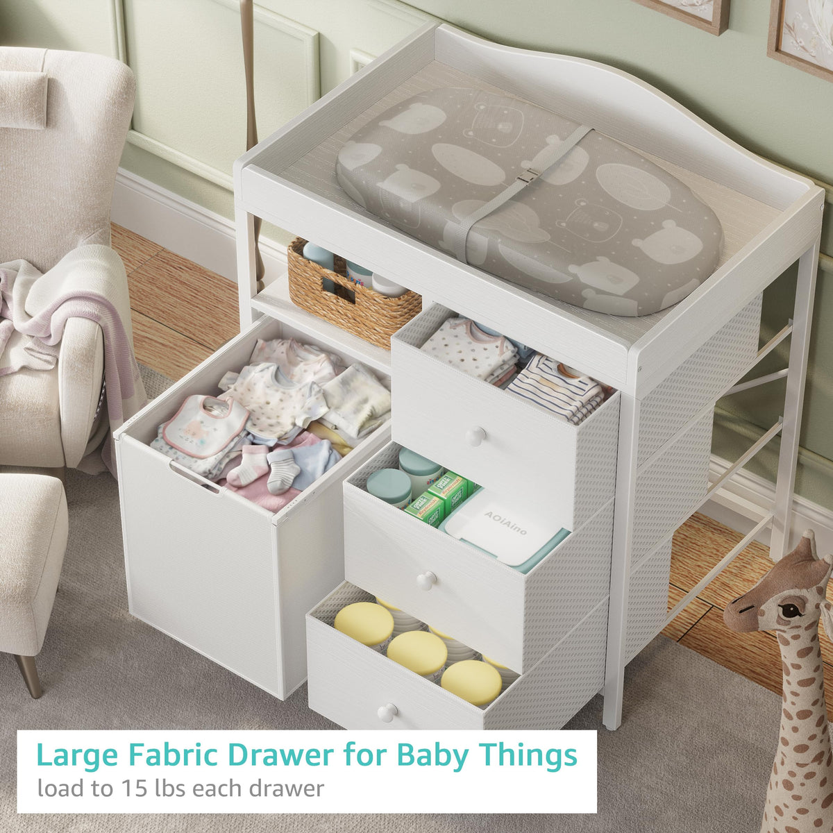 White Changing Table with 3 Fabric Drawers and Laundry Hamper L334282