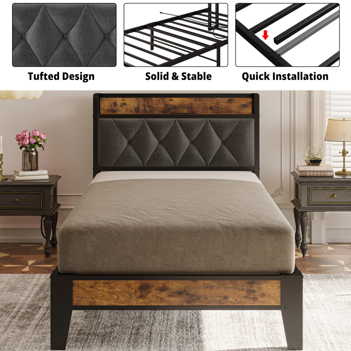 Twin Bed Frame with Storage Headboard E8490