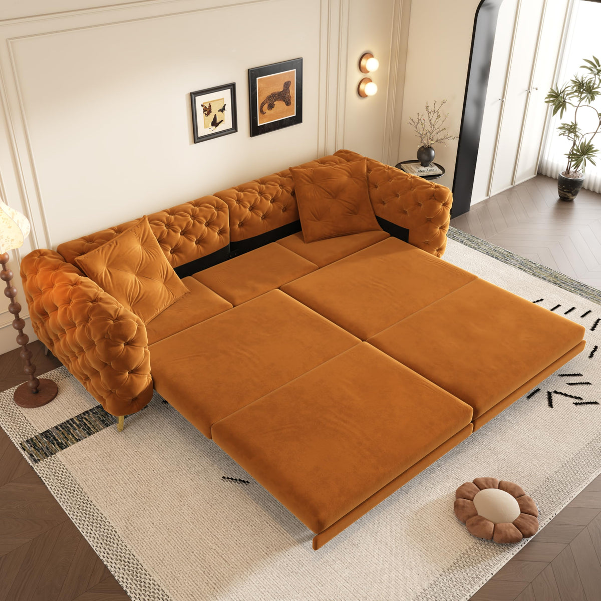 Orange Velvet Convertible Sleeper Sofa with Ottoman P1716