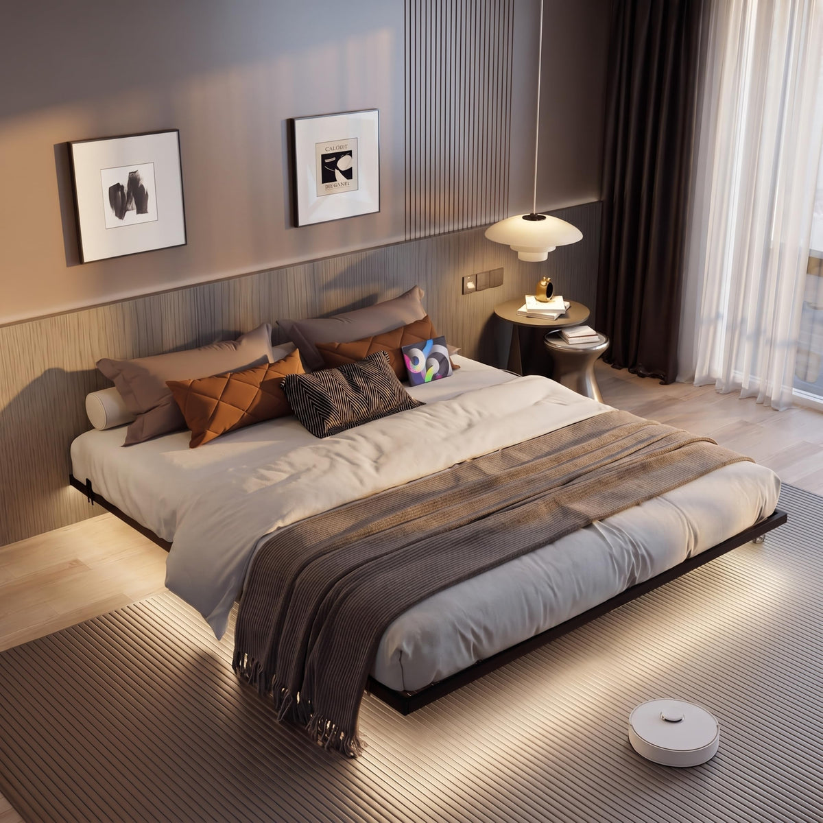 King Size Metal Platform Bed Frame with Charging Station and LED Lights D172