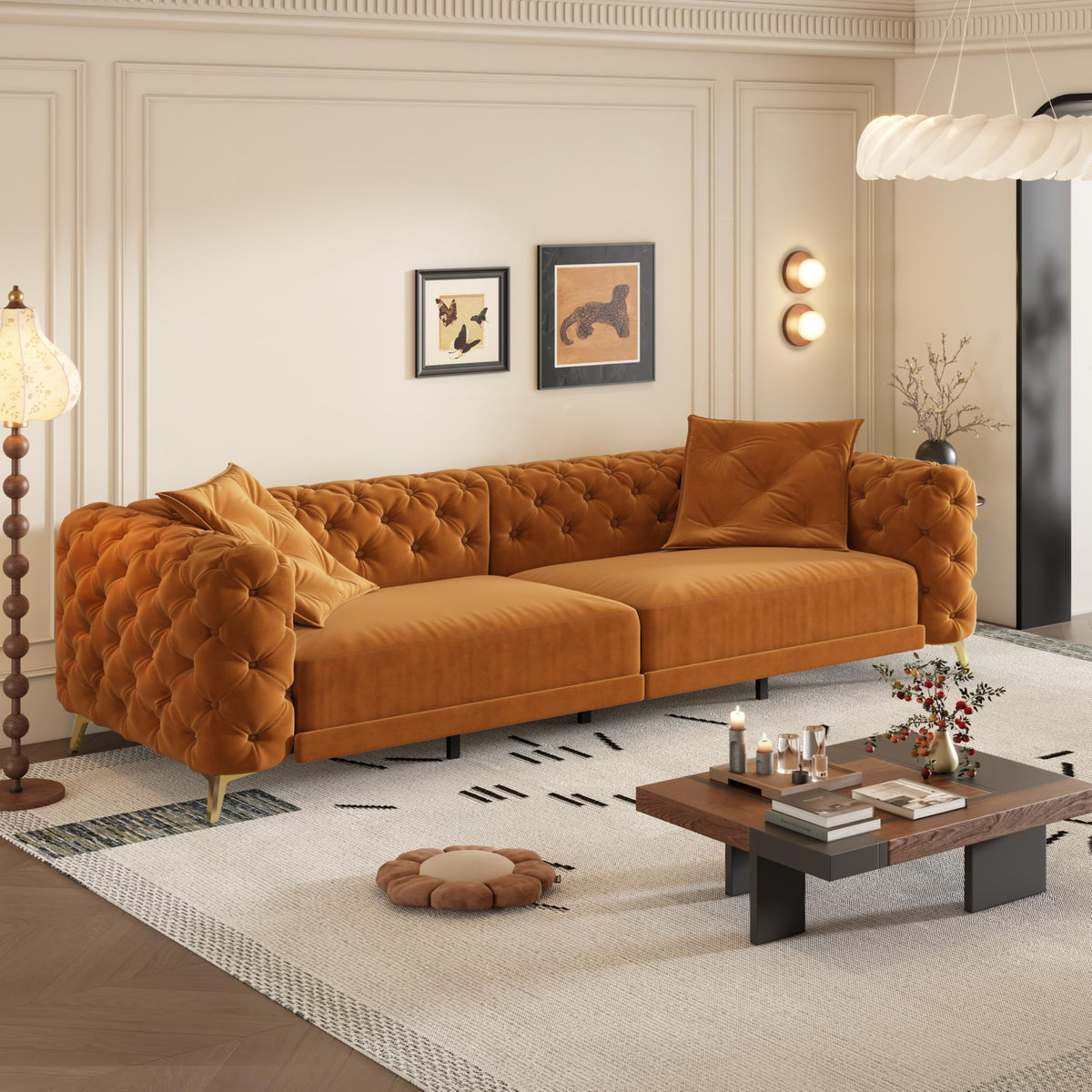 Orange Velvet Convertible Sleeper Sofa with Ottoman P1716