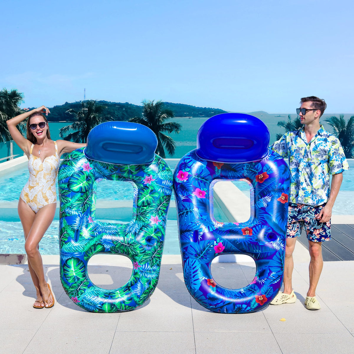 4 Pack Oversized Inflatable Pool Floats with Headrest and Cup Holder Y11934