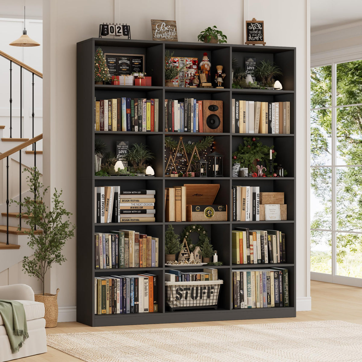 59" W Triple Wide Black Bookshelf and Bookcase D92837