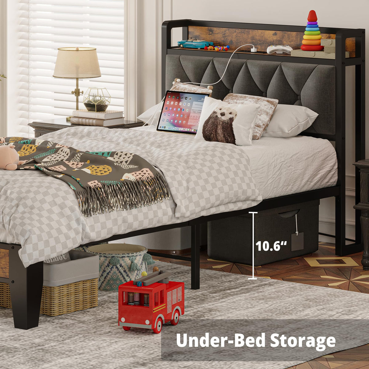 Twin Bed Frame with Storage Headboard E8490
